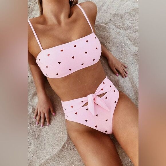 Florakini Pink Embellished Heart Tie Front Bikini Bottom Sz S NWOT - Picture 4 of 9